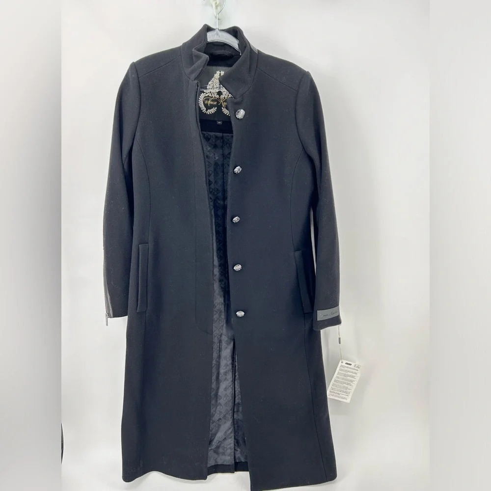 MOOSE KNUCKLES Wool-blend Leather Trim Silver Button Coat Black Women Sz S